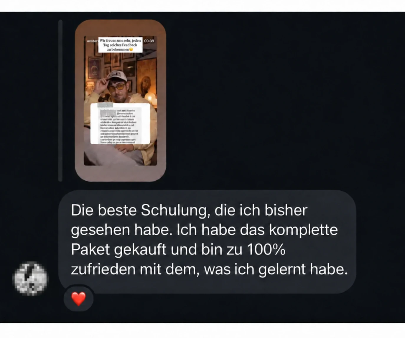 Direktnachricht: Der beste Kurs, den die Person gesehen hat, Komplettpaket gekauft und zu 100% zufrieden