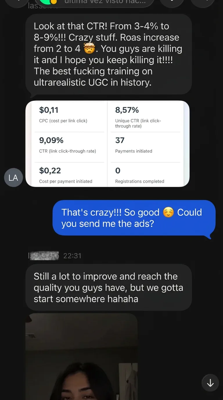 "Look at that CTR: from 3-4% to 8-9%. ROAS went from 2 to 4." The Meta panel he attaches: $0.11 CPC, 9.09% CTR and 37 checkouts started at $0.22 each.
