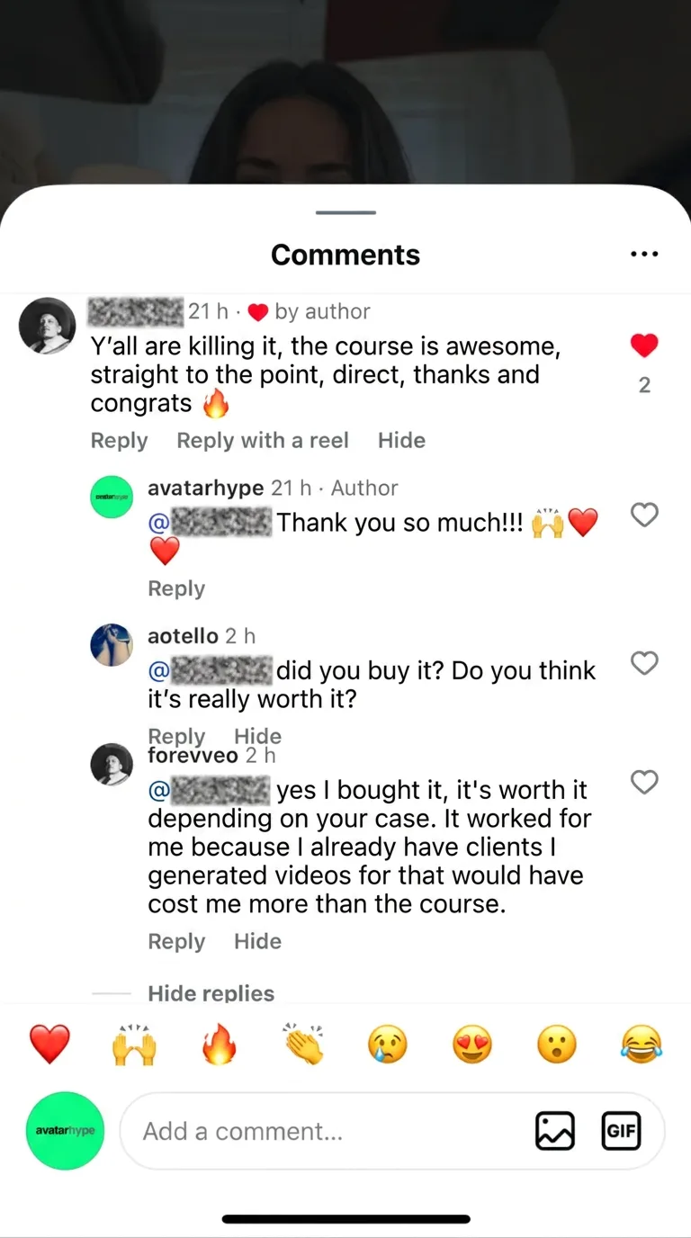 Instagram comments. "The course is great — to the point, direct." Another user asks whether it's really worth it, and a buyer answers: "Yes, I bought it. It worked for me because I already have clients I made videos for that would have cost me more than the course."