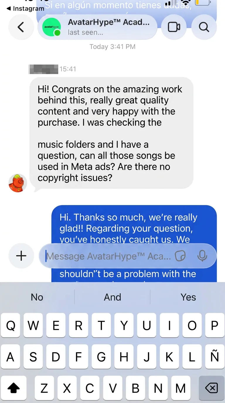 DM: "Congratulations on the amount of work behind this — really good content quality and I'm very happy with the purchase." (He then asks about the music folders; the reply is hidden behind the keyboard.)