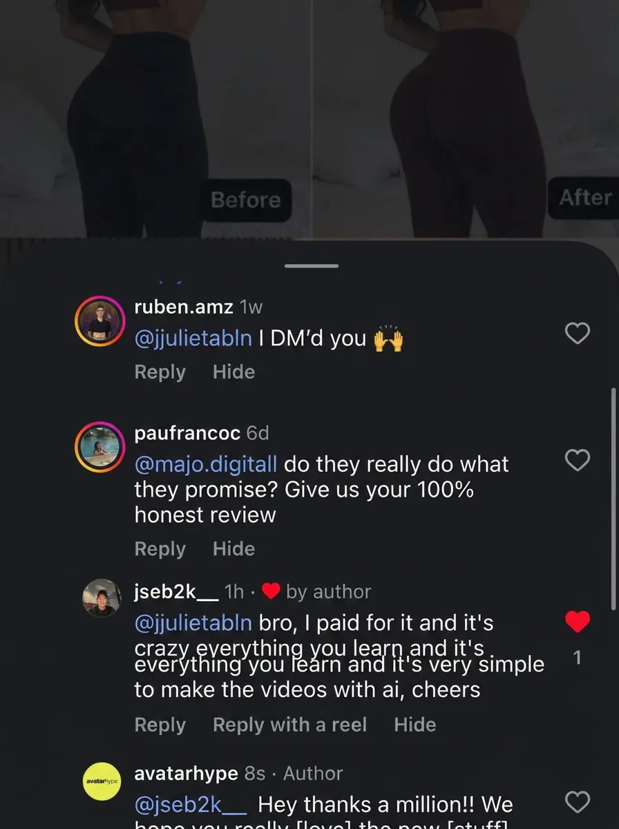Comments under a live ad. Someone asks for "a 100% honest review" and a buyer answers: "Bro, I paid for it and what you learn is insane; making the videos with AI is really simple."