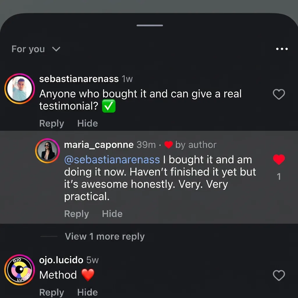Instagram comments. "Anyone who bought it, give a real testimonial." Reply: "I bought it and I'm working through it. Haven't finished yet, but honestly it's incredible. Very, very practical."