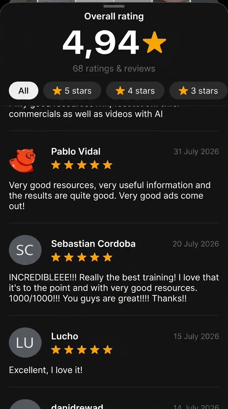 Ratings panel: 4.94★ from 68 reviews. Sebastián Córdoba, 5★: "INCREDIBLE!!! Genuinely the best training. I love that it's to the point and with really good resources. 1000/1000!" Pablo Vidal, 5★: "Very good resources, very useful information; the ads come out really well."