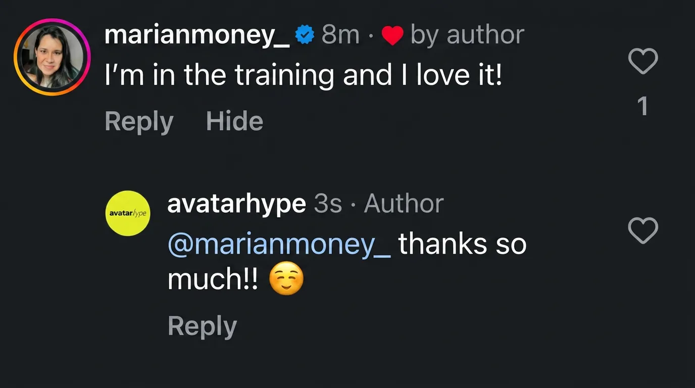 Instagram comment: "I'm inside the training and I loveee it!"