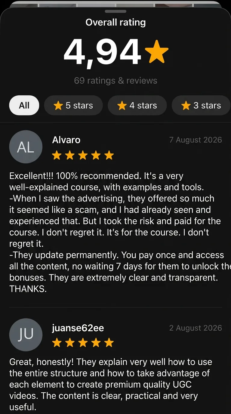 Ratings panel: 4.94★ from 69 reviews. Álvaro, 5★: "The ads gave away so much it looked like a scam. But I took the risk and paid for the course. No regrets. It's updated constantly: you pay once and you get everything, no waiting 7 days for bonuses to unlock."