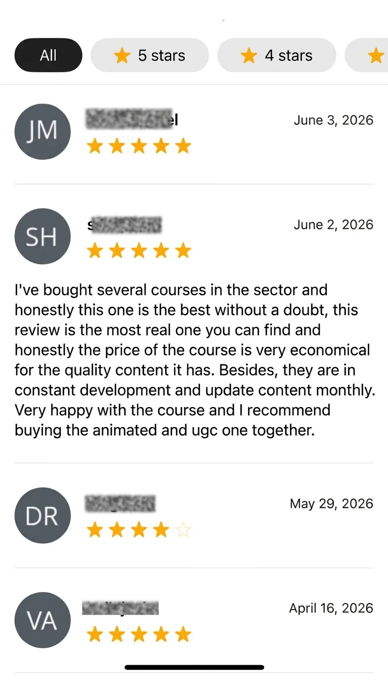 Dated reviews. 5★, June 2, 2026: "I've bought several courses in this space and honestly this is the best by far. The price is very cheap for the quality of the content. On top of that they're constantly developing it and update the content every month. I recommend buying the animated one and UGC together."