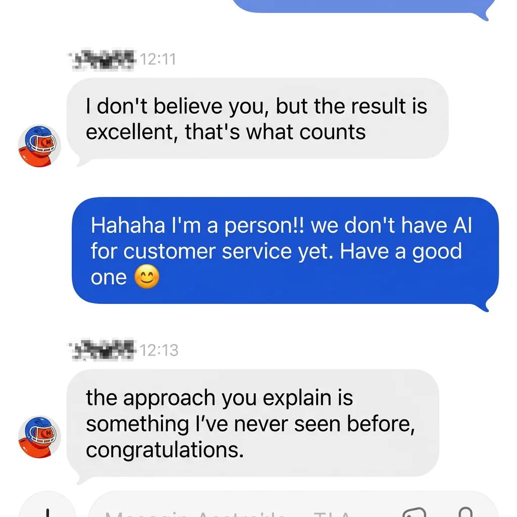 DM. The student thinks he's talking to an AI: "I don't believe you, but excellent — what matters is that it works." And he finishes: "I'd never seen the angle you explain. Congratulations."