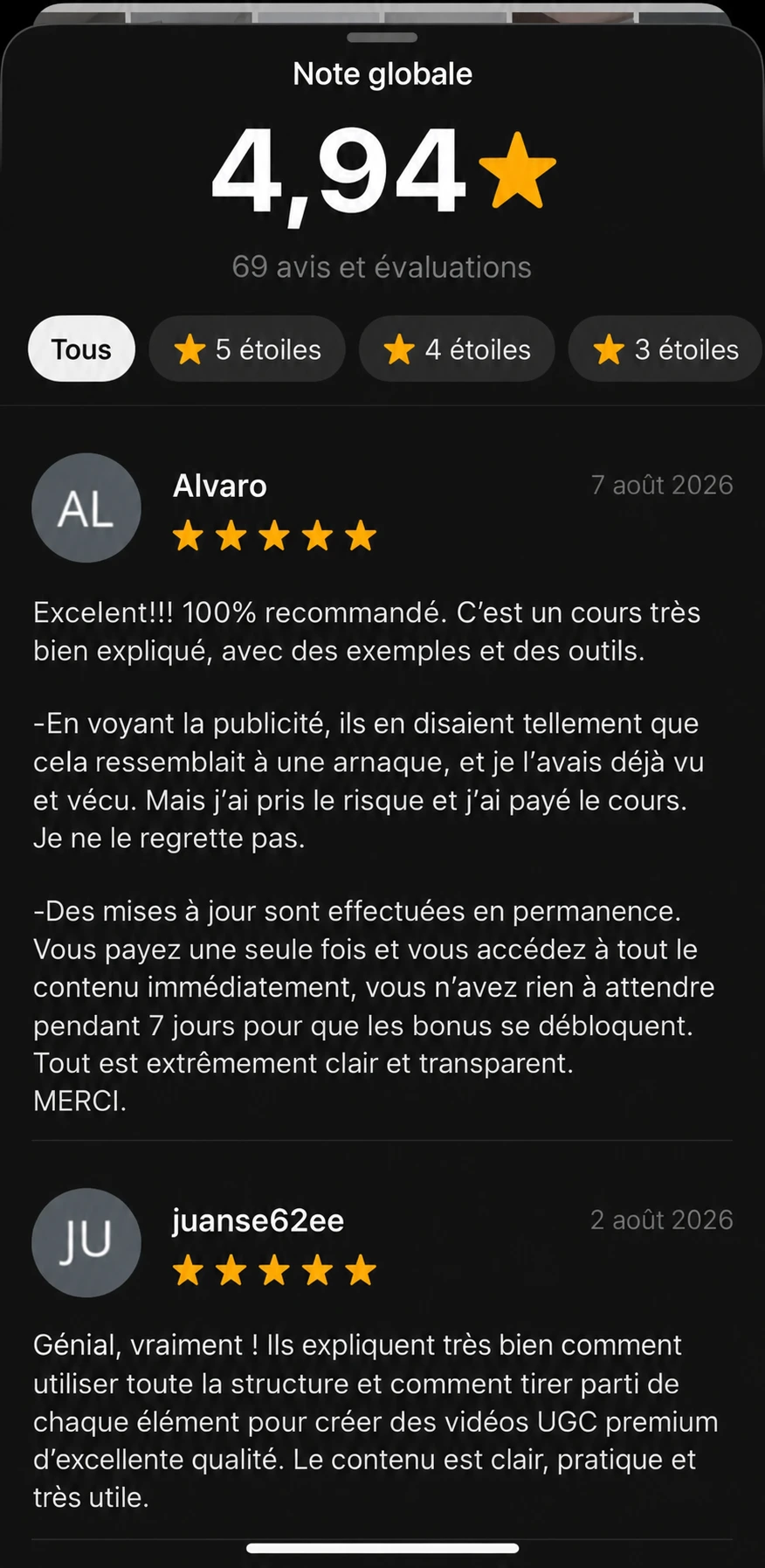 Avis vérifié 5 étoiles : la publicité faisait penser à une arnaque, la personne a acheté et ne regrette pas ; note globale 4,94