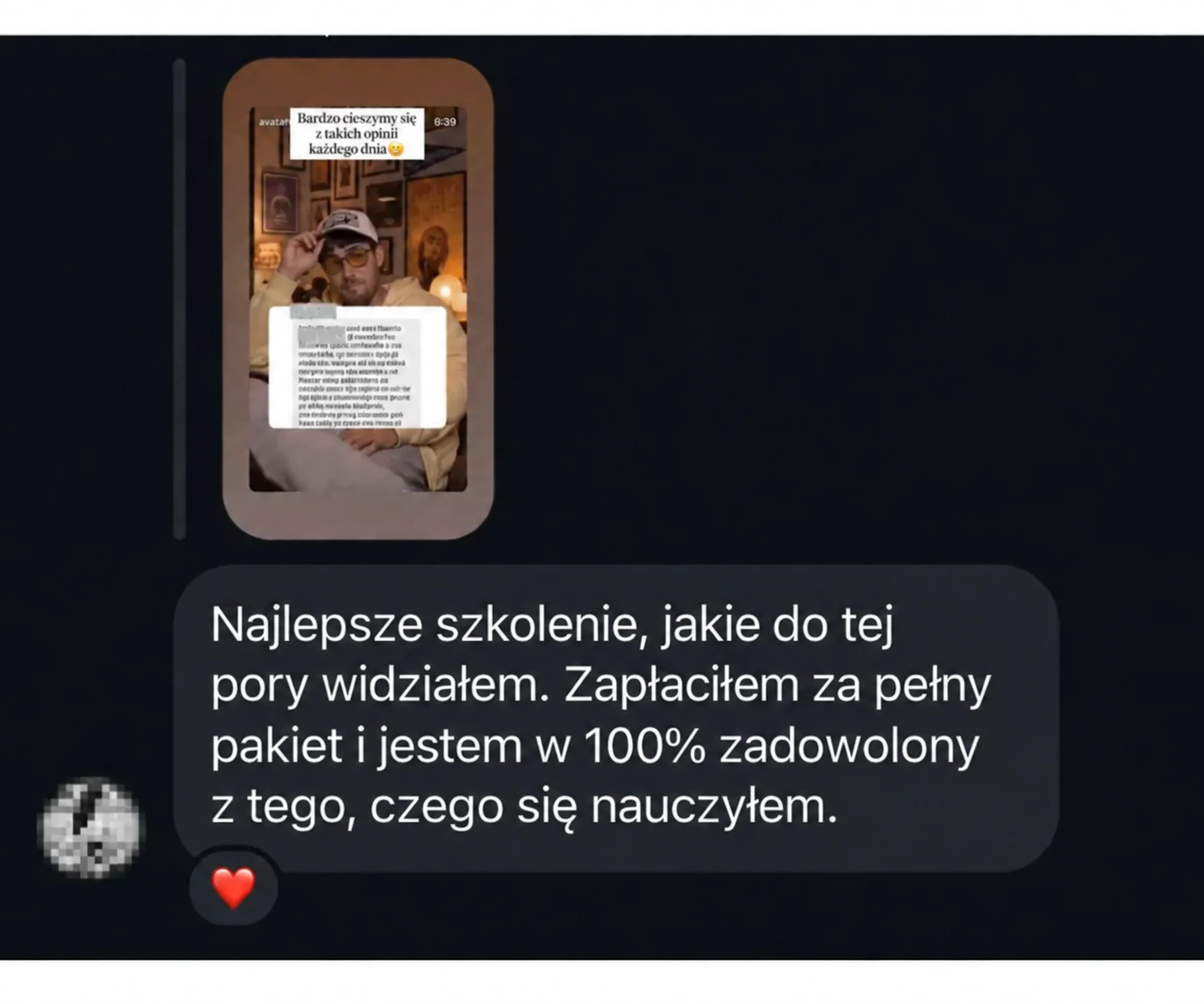 Wiadomość prywatna: najlepszy kurs, jaki uczestnik widział, zakup pełnego pakietu i 100% zadowolenia