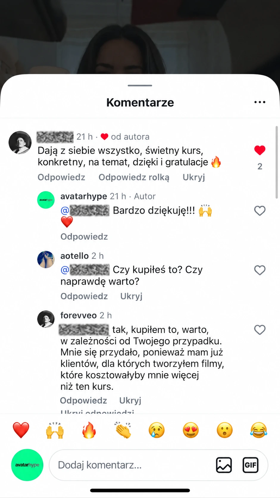Komentarz na Instagramie: uczestnik wyjaśnia, że kurs zwrócił się dzięki własnym klientom