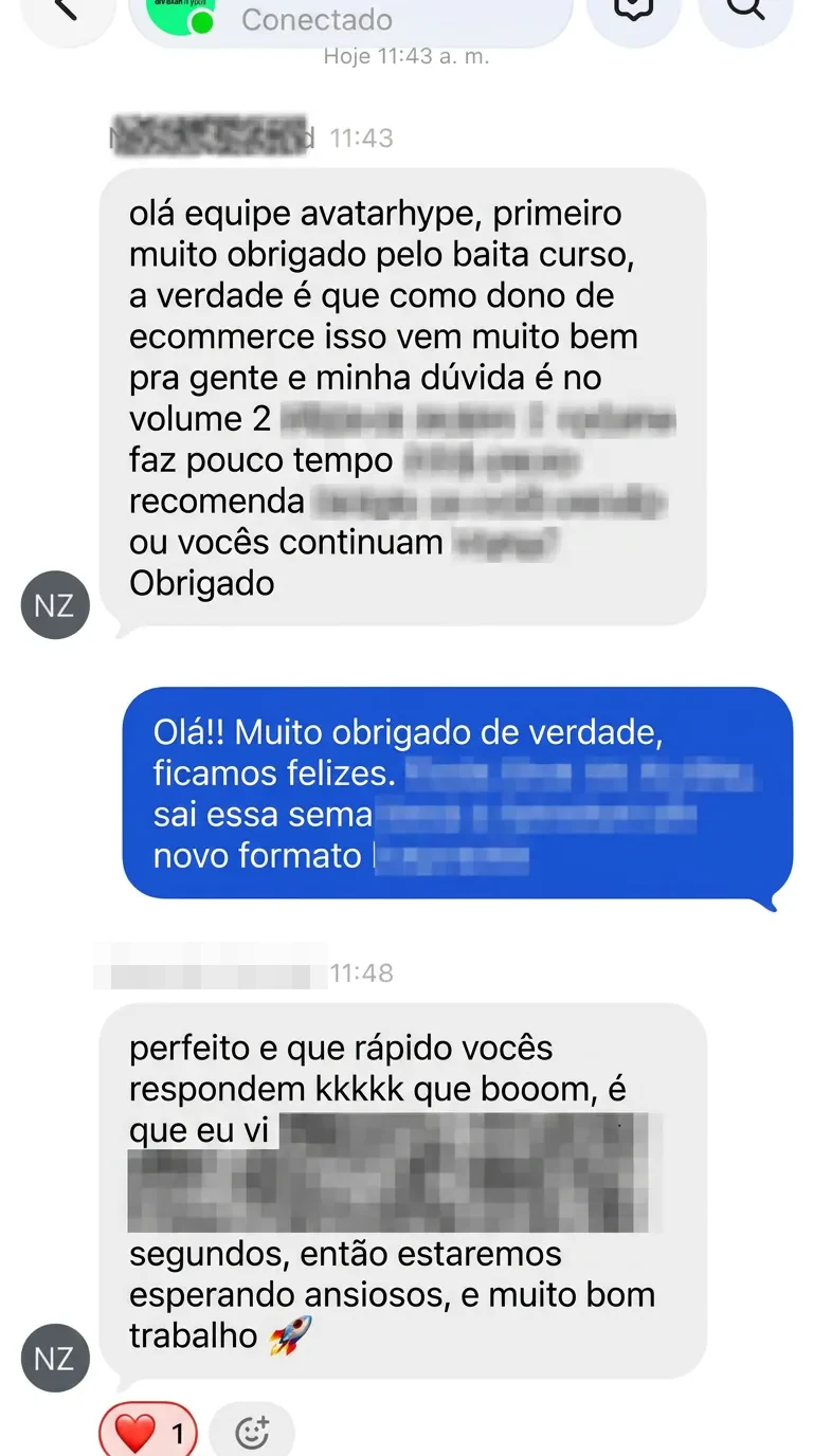 “Muito obrigado pelo cursão; como dono de e-commerce, isso cai muito bem para nós.” E depois: “Que rápido vocês respondem, muito bom trabalho 🚀.” (A dúvida técnica está desfocada.)