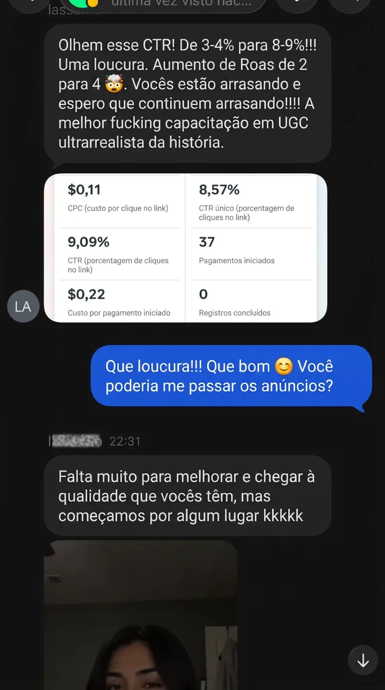 “Olha esse CTR: de 3-4% para 8-9%. O ROAS foi de 2 para 4.” No painel do Meta que ele anexa: US$ 0,11 de CPC, 9,09% de CTR e 37 pagamentos iniciados a US$ 0,22.