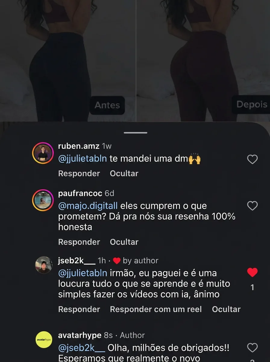 Comentários por baixo de um anúncio real. Alguém pede “uma opinião 100% honesta” e um comprador responde: “Irmão, eu paguei e é uma loucura tudo o que nós aprendemos; é muito simples fazer os vídeos com IA.”