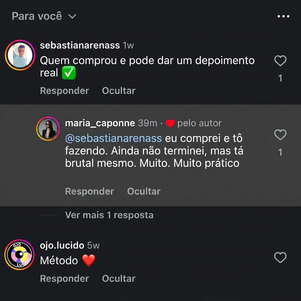 Comentários no Instagram. “Quem comprou, que dê um depoimento real.” Resposta: “Eu comprei e estou a fazer. Ainda não terminei, mas é sensacional, sério. Muito, muito prático.”
