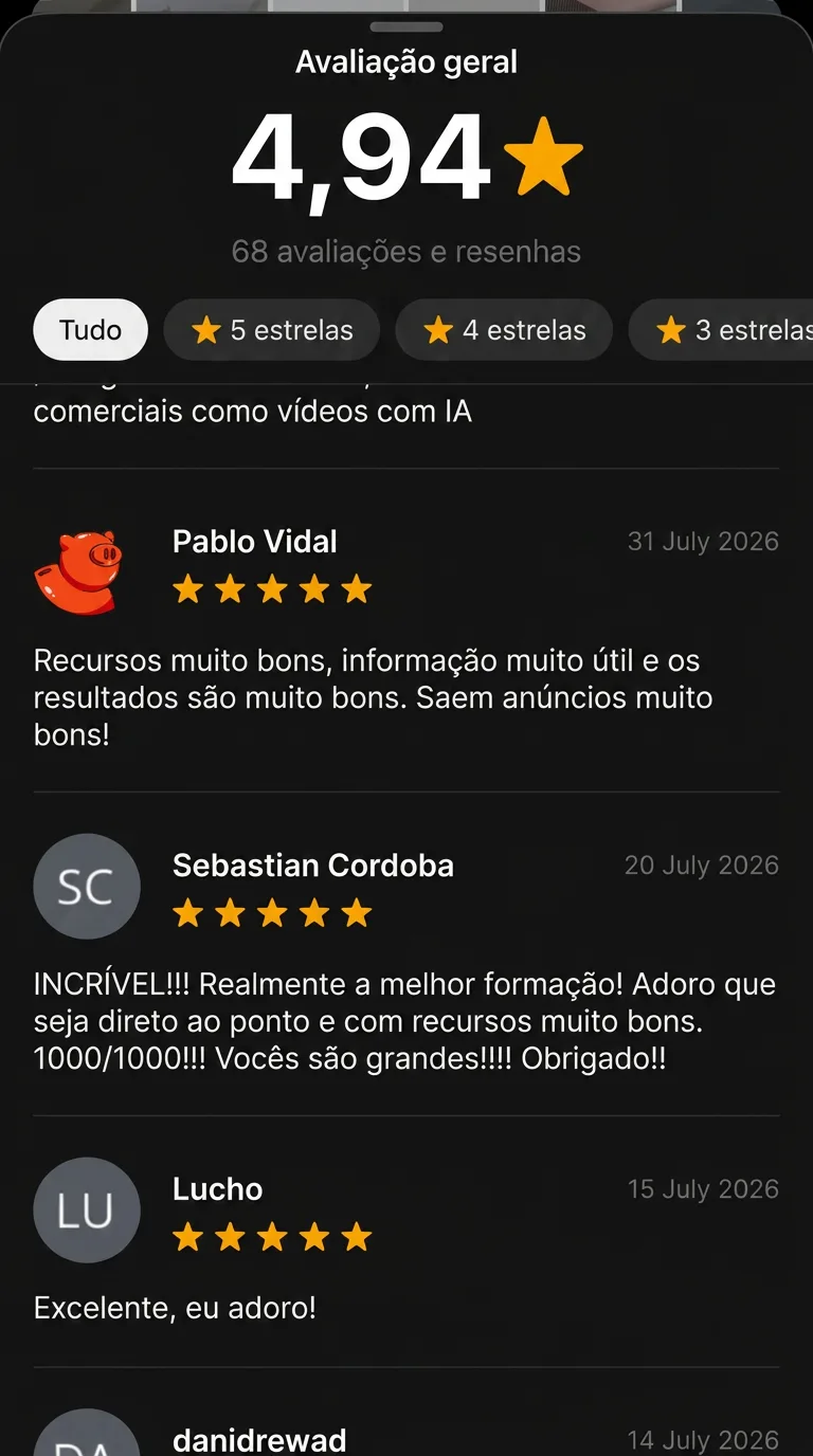 Painel de avaliações: 4,94★ com 68 avaliações. Sebastián Córdoba, 5★: “INCRÍVEL!!! Realmente a melhor formação. Amo que seja direto ao ponto e com ótimos recursos. 1000/1000!” Pablo Vidal, 5★: “Recursos muito bons, informação muito útil; saem anúncios muito bons.”