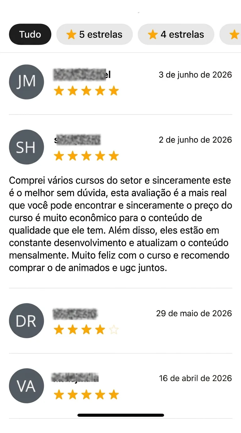 Avaliações com data. 5★, 2 de junho de 2026: “Já comprei vários cursos do sector e sinceramente este é o melhor, sem dúvida. O preço é muito barato para a qualidade do conteúdo. Além disso, estão em desenvolvimento constante e atualizam o conteúdo todos os meses. Recomendo comprar o de animados e o de UGC juntos.”