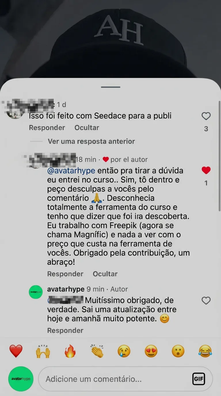 Um comentarista acusou o anúncio de ter sido feito com outra ferramenta de IA. Ele voltou 18 minutos depois: “Para tirar a dúvida, entrei no curso. Sim, estou dentro e peço desculpas pelo comentário. Eu não conhecia a ferramenta e foi uma descoberta e tanto. Trabalho com Freepik (agora Magnific) e não há comparação com o preço.”