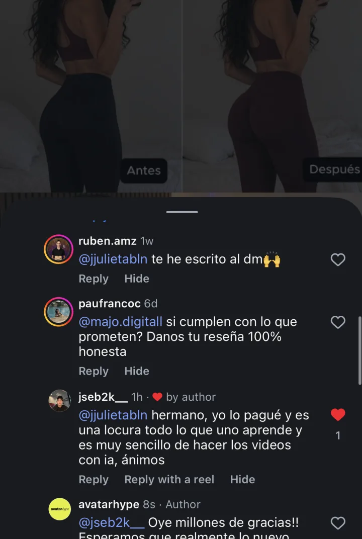 Comentarios bajo un anuncio real. Alguien pide «una reseña 100 % honesta» y responde un comprador: «Hermano, yo lo pagué y es una locura todo lo que uno aprende; es muy sencillo hacer los vídeos con IA.»