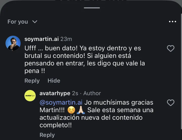 Comentario de Instagram: «Ya estoy dentro y es brutal su contenido. Si alguien está pensando en entrar, le digo que vale la pena.»