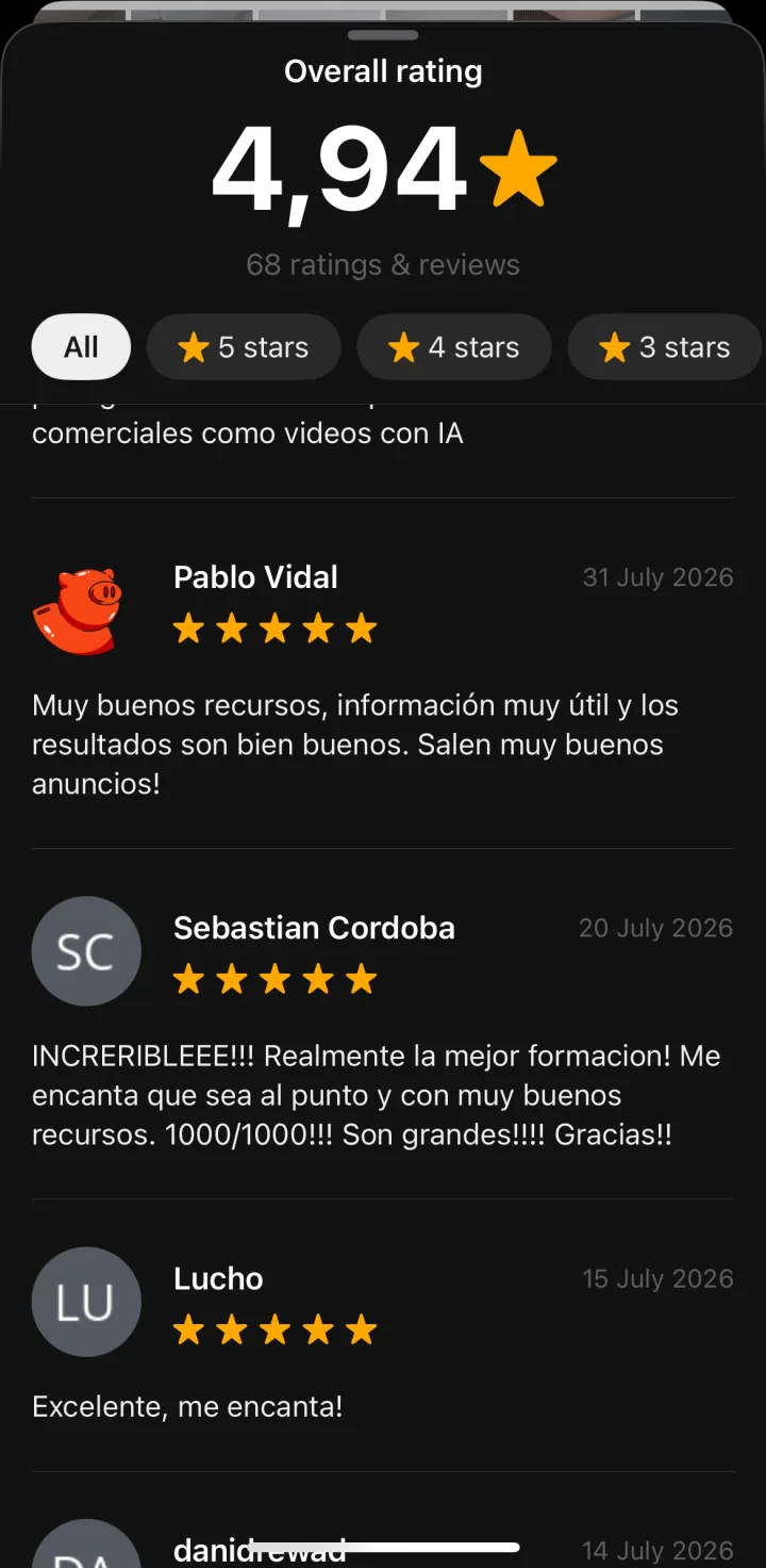 Panel de valoraciones: 4,94★ sobre 68 reseñas. Sebastián Córdoba, 5★: «¡Increíble! Realmente la mejor formación. Me encanta que sea al punto y con muy buenos recursos. ¡1000/1000!» Pablo Vidal, 5★: «Muy buenos recursos, información muy útil; salen muy buenos anuncios.»
