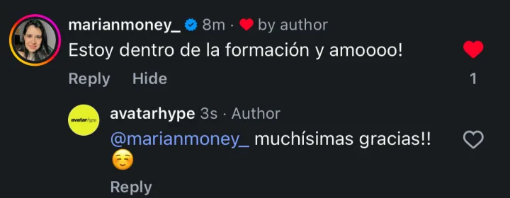 Comentario de Instagram: «Estoy dentro de la formación y ¡me encantaaa!»