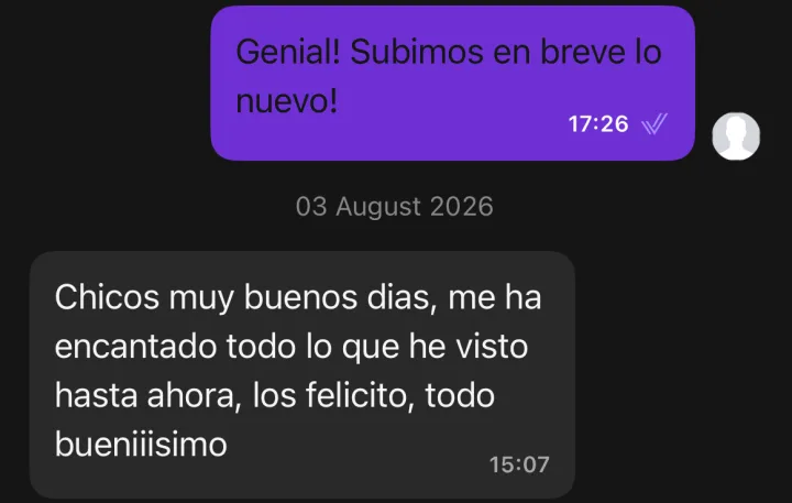 DM: «Chicos, muy buenos días: me ha encantado todo lo que he visto hasta ahora. Os felicito, todo buenísimo.»