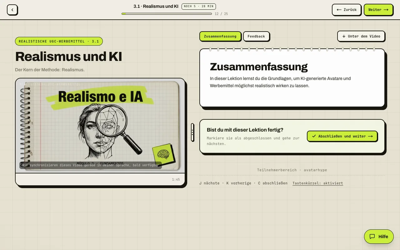 Echte AvatarHype-Akademie: Lektion Realismus und KI, Video, Zusammenfassung und Zugang zur nächsten Lektion