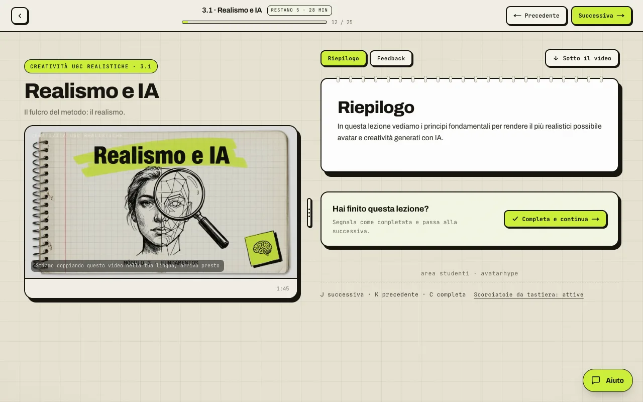 Accademia reale di AvatarHype: lezione Realismo e IA, video, riepilogo e accesso alla lezione successiva